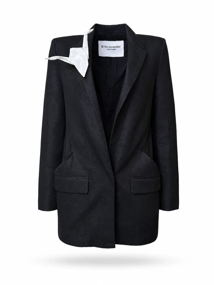 Linen blazer with origami crane brooch