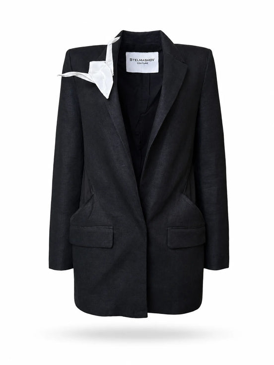 Linen blazer with origami crane brooch