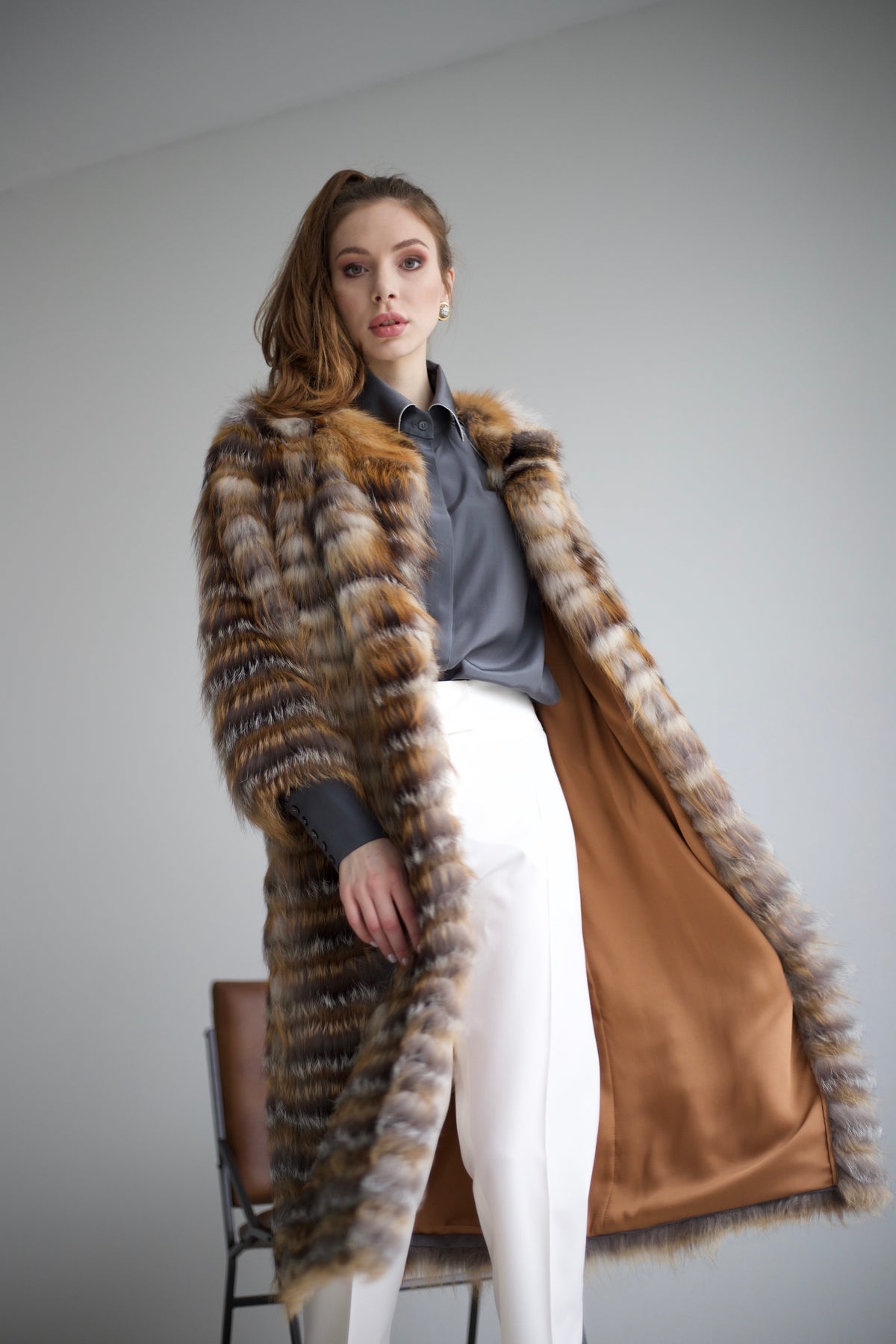 Fox fur coat brown